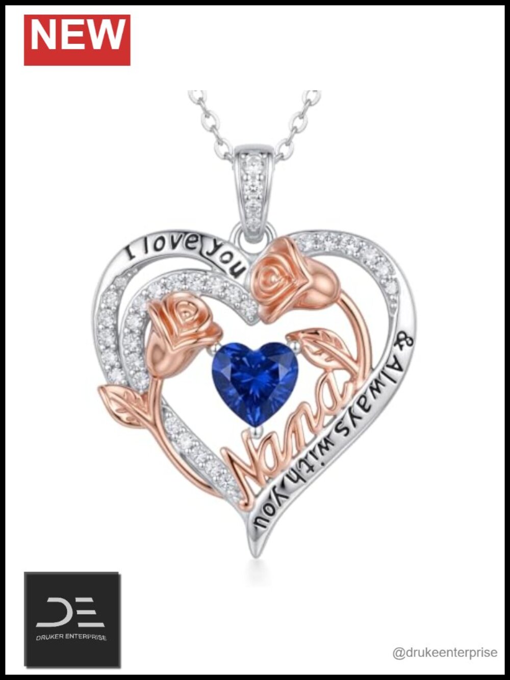 Nana Birthstone Heart Pendant Necklace Women Rose Flower I Love You Gift